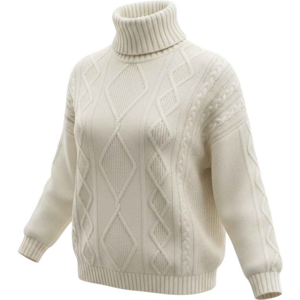 Aerie Womens Cream‎ Cable Knit Turtleneck Sweater Diamond Knit Oversized Large